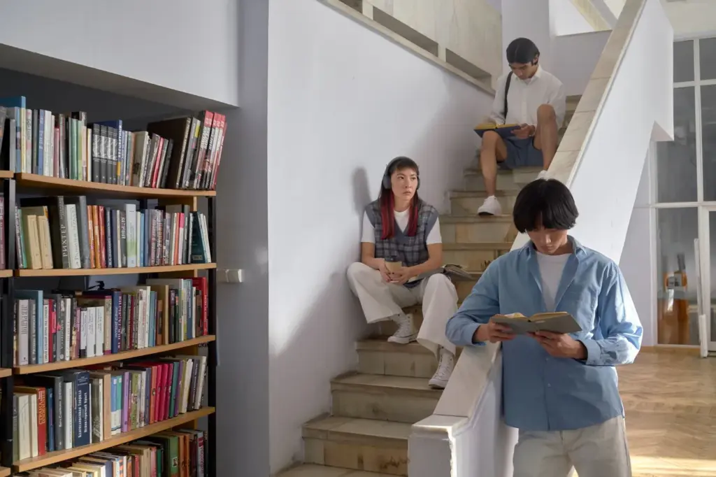 Drei Studierende lesen auf einer Treppe in der Nähe von Bücherregalen in einer Bibliothek.