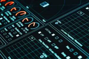 Nahaufnahme einer digitalen Schnittstelle mit futuristischen Grafiken und Datenanalysen bei schwachem Licht.