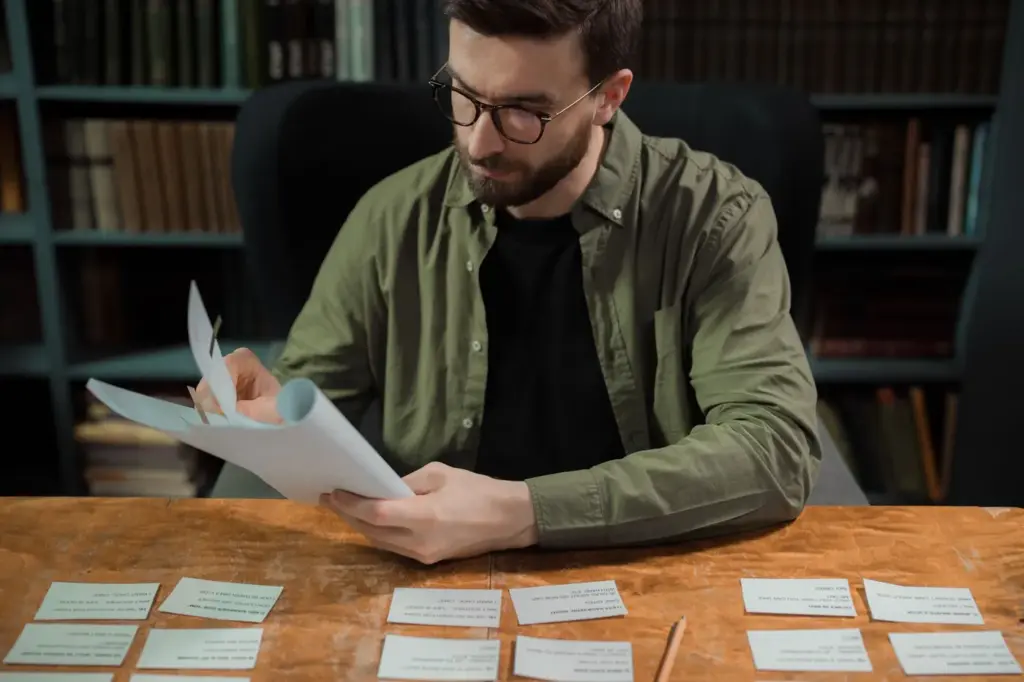 Erwachsener Mann, der in einer Bibliothek Unterlagen studiert, mit Fokus auf Bildung und Forschung.